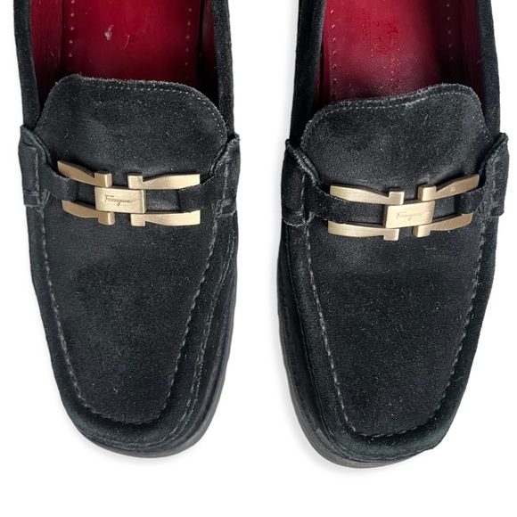 Salvatore Ferragamo Sport Black Suede Leather Loafers with Gold Buckle –Size 8.5 - Picture 3 of 16